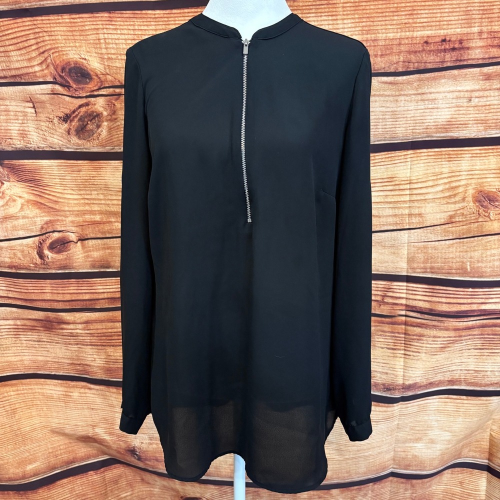 7TH Ave NY & Company Womens Black Sheer Long Sleeve 1/4 Zip Top Size M